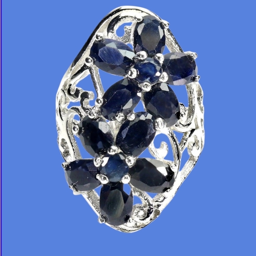 925 Sterling Silver Flower Ring Sz 6.5 with Natural Blue Sapphire 6x4mm Gems
